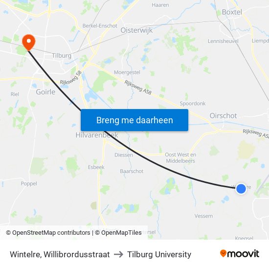 Wintelre, Willibrordusstraat to Tilburg University map
