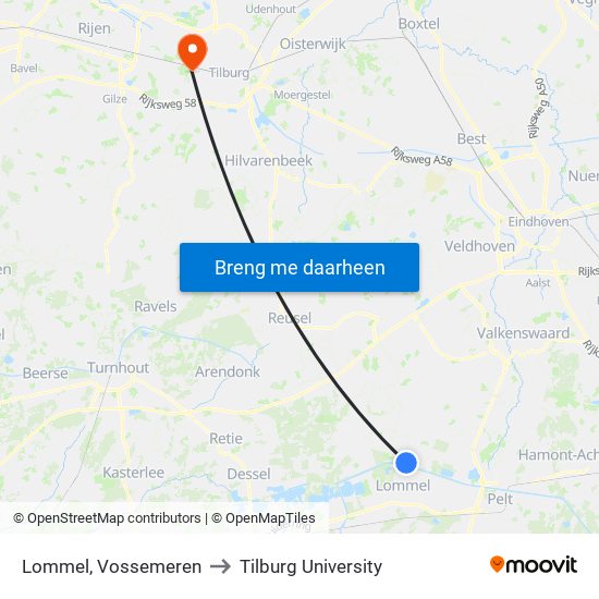 Lommel, Vossemeren to Tilburg University map