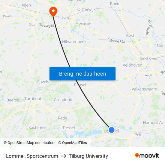 Lommel, Sportcentrum to Tilburg University map