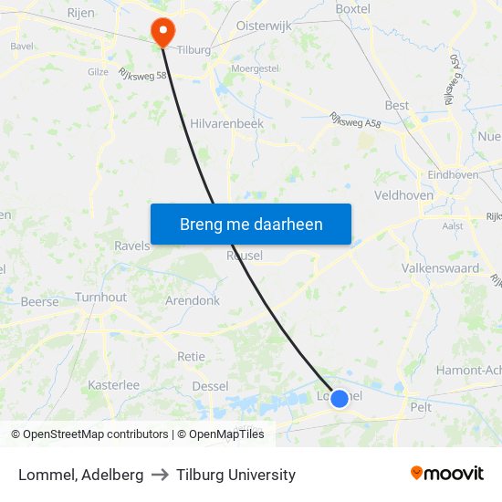 Lommel, Adelberg to Tilburg University map