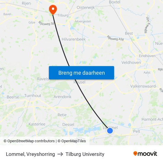 Lommel, Vreyshorring to Tilburg University map