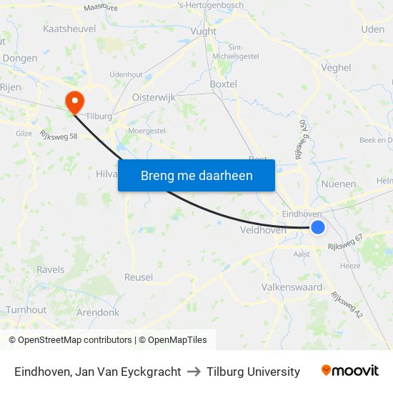 Eindhoven, Jan Van Eyckgracht to Tilburg University map