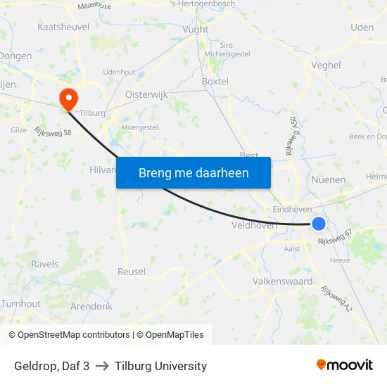 Geldrop, Daf 3 to Tilburg University map