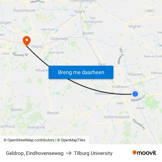 Geldrop, Eindhovenseweg to Tilburg University map