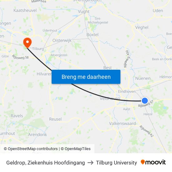 Geldrop, Ziekenhuis Hoofdingang to Tilburg University map