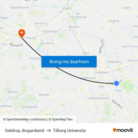 Geldrop, Bogardeind to Tilburg University map