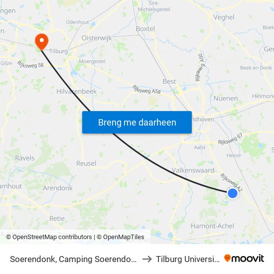 Soerendonk, Camping Soerendonk to Tilburg University map