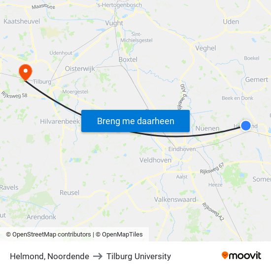 Helmond, Noordende to Tilburg University map