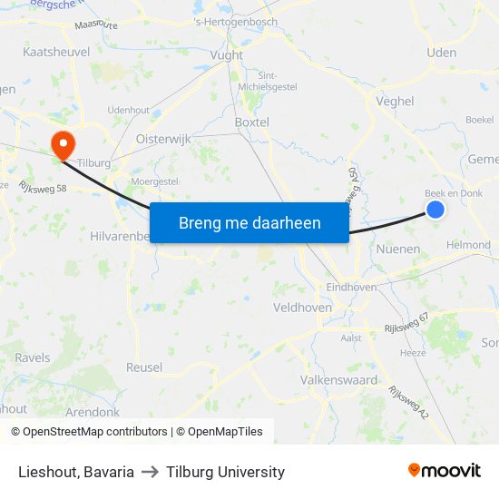 Lieshout, Bavaria to Tilburg University map