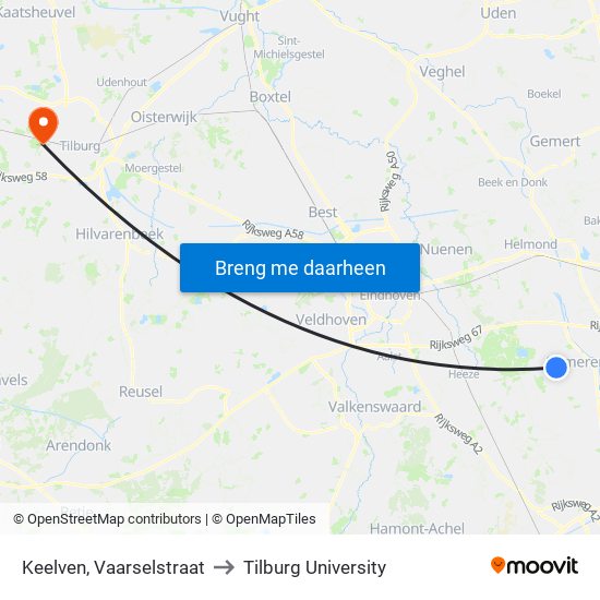 Keelven, Vaarselstraat to Tilburg University map