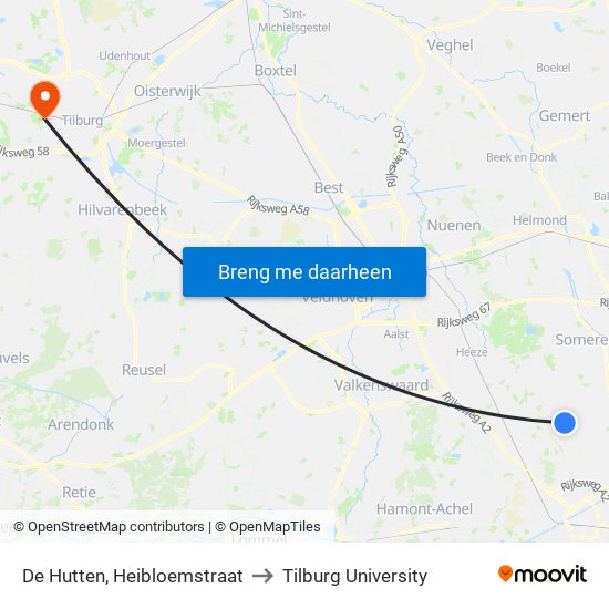 De Hutten, Heibloemstraat to Tilburg University map