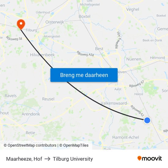 Maarheeze, Hof to Tilburg University map