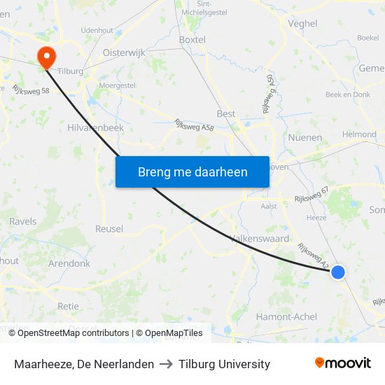 Maarheeze, De Neerlanden to Tilburg University map