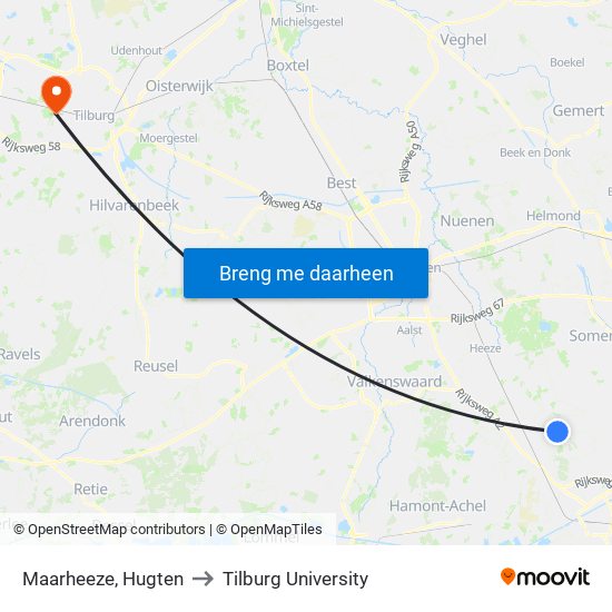 Maarheeze, Hugten to Tilburg University map