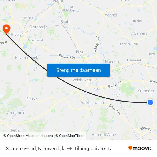 Someren-Eind, Nieuwendijk to Tilburg University map