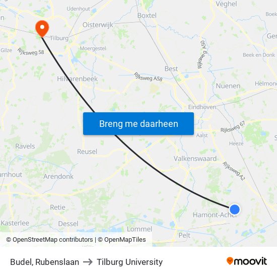 Budel, Rubenslaan to Tilburg University map