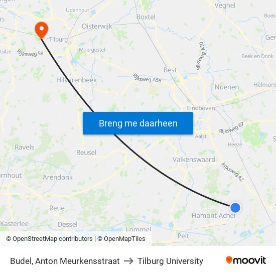 Budel, Anton Meurkensstraat to Tilburg University map