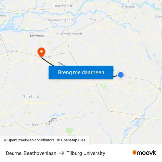 Deurne, Beethovenlaan to Tilburg University map