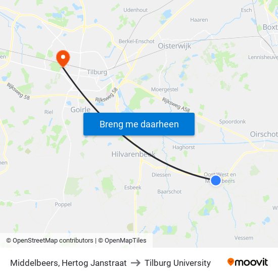Middelbeers, Hertog Janstraat to Tilburg University map