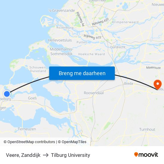 Veere, Zanddijk to Tilburg University map
