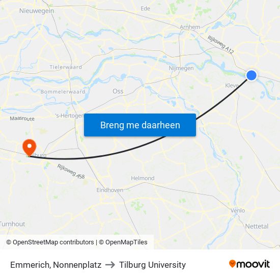 Emmerich, Nonnenplatz to Tilburg University map