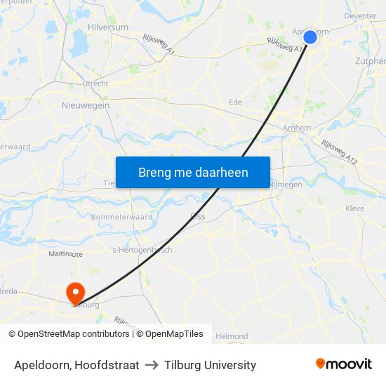 Apeldoorn, Hoofdstraat to Tilburg University map