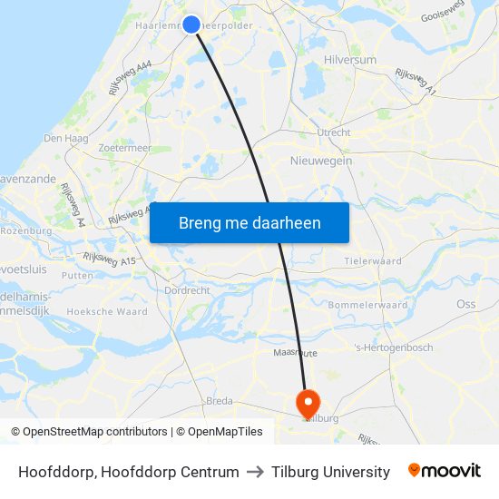 Hoofddorp, Hoofddorp Centrum to Tilburg University map