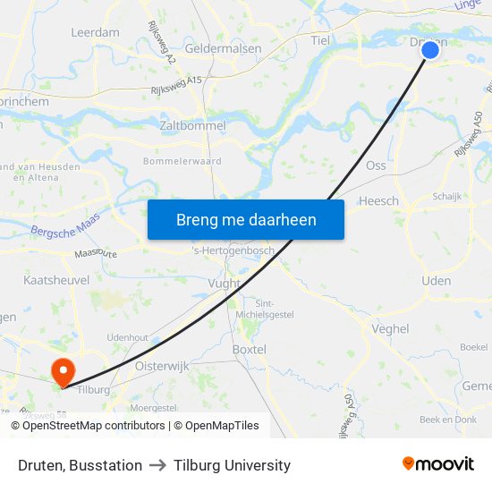 Druten, Busstation to Tilburg University map