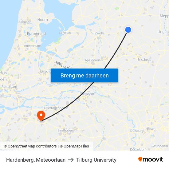 Hardenberg, Meteoorlaan to Tilburg University map