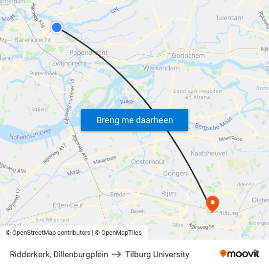Ridderkerk, Dillenburgplein to Tilburg University map