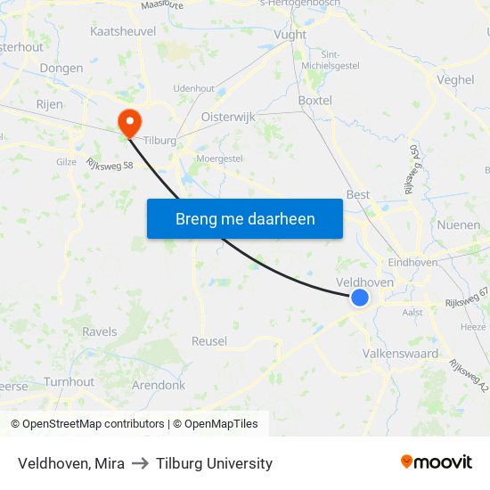 Veldhoven, Mira to Tilburg University map