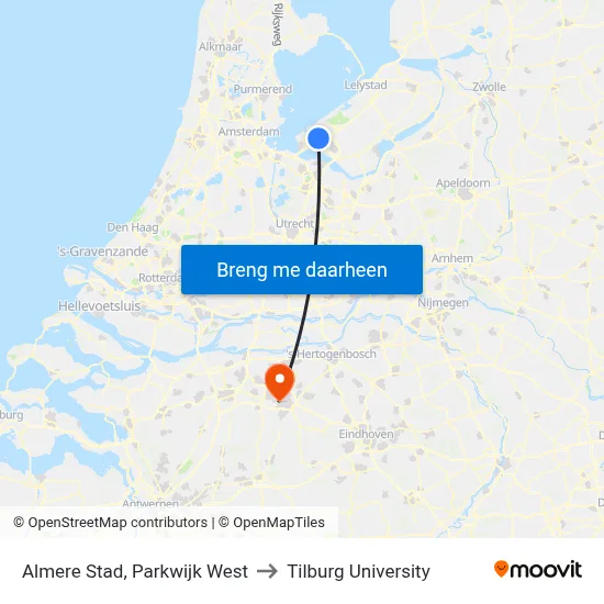 Almere Stad, Parkwijk West to Tilburg University map