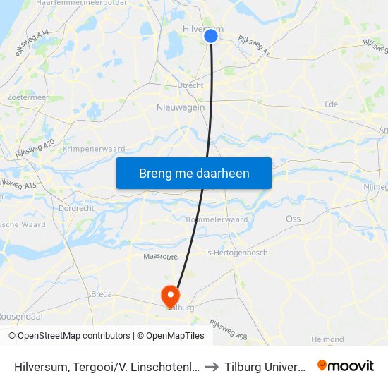 Hilversum, Tergooi/V. Linschotenlaan to Tilburg University map