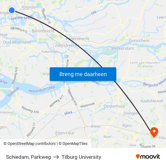 Schiedam, Parkweg to Tilburg University map