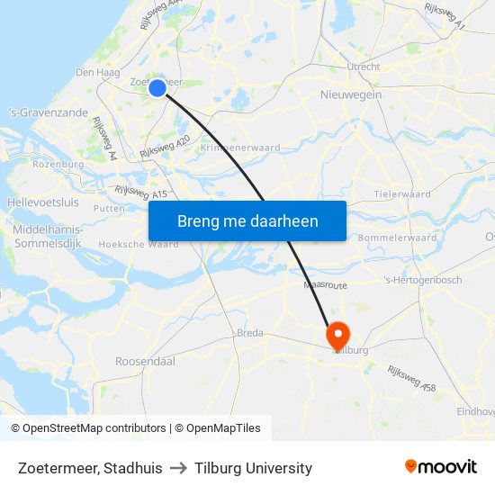 Zoetermeer, Stadhuis to Tilburg University map