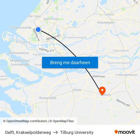 Delft, Krakeelpolderweg to Tilburg University map