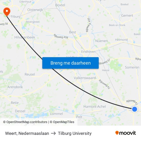 Weert, Nedermaaslaan to Tilburg University map