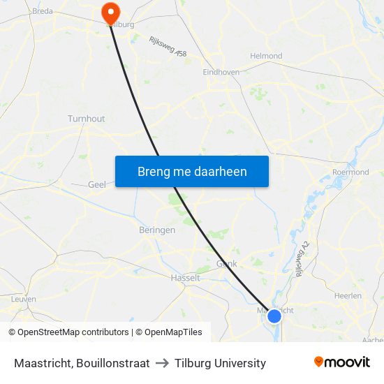 Maastricht, Bouillonstraat to Tilburg University map