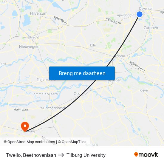 Twello, Beethovenlaan to Tilburg University map