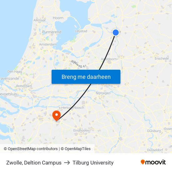Zwolle, Deltion Campus to Tilburg University map