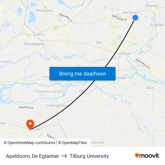 Apeldoorn, De Eglantier to Tilburg University map