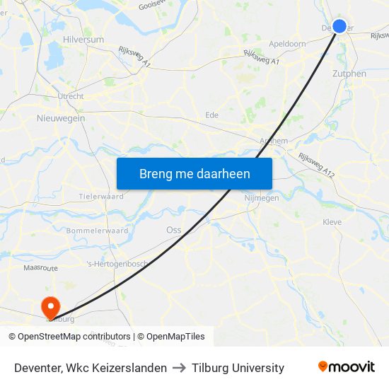 Deventer, Wkc Keizerslanden to Tilburg University map