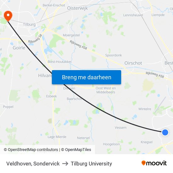 Veldhoven, Sondervick to Tilburg University map