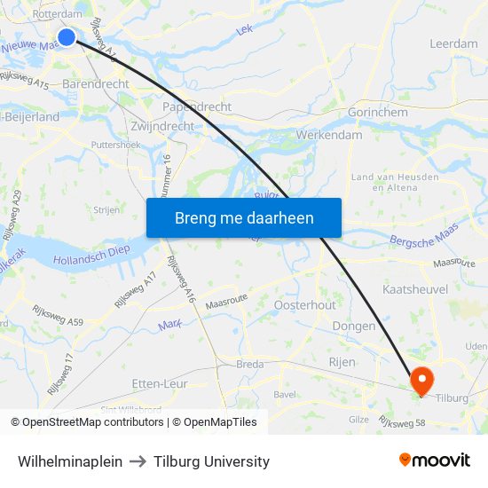 Wilhelminaplein to Tilburg University map