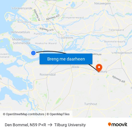 Den Bommel, N59 P+R to Tilburg University map