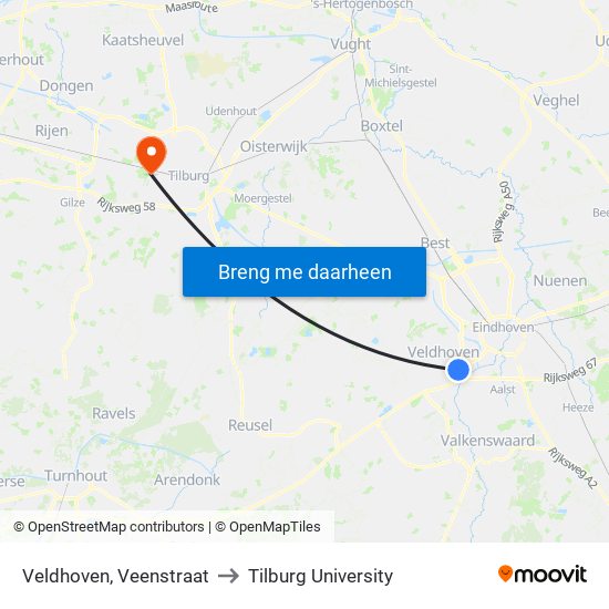 Veldhoven, Veenstraat to Tilburg University map
