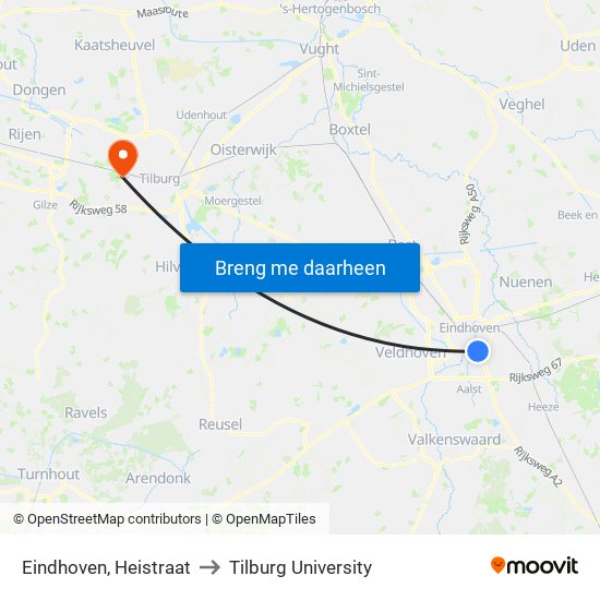 Eindhoven, Heistraat to Tilburg University map
