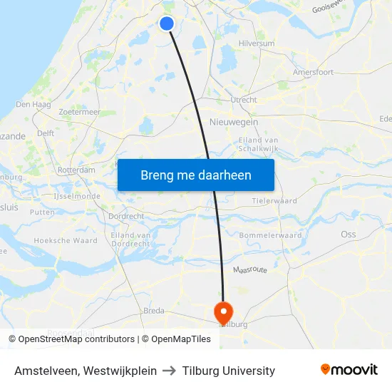 Amstelveen, Westwijkplein to Tilburg University map