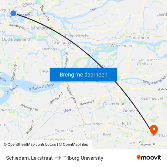 Schiedam, Lekstraat to Tilburg University map
