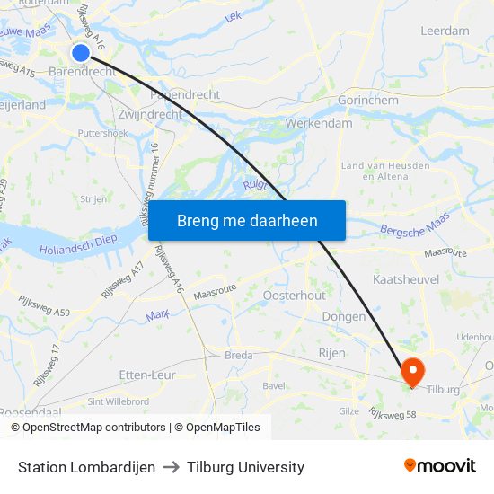 Station Lombardijen to Tilburg University map